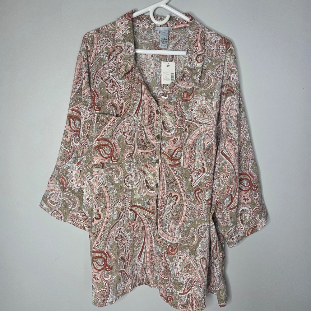 Catherines Women 4X Paisley Button Front Blouse multicolr 3/4 Sleeve 30/32W NWT